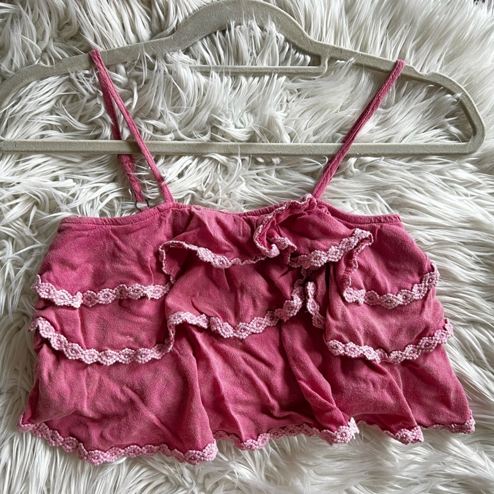 POL Ruffle Lace Crop Top L | Pink Smocked Boho Tank Adjustable Straps - Picture 2 of 9